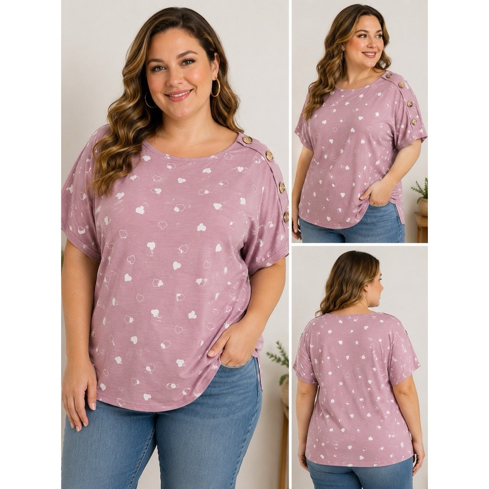TruSelf Womens 1X Pink Heart Print Top Button Shoulder Short Sleeve Plus Size
